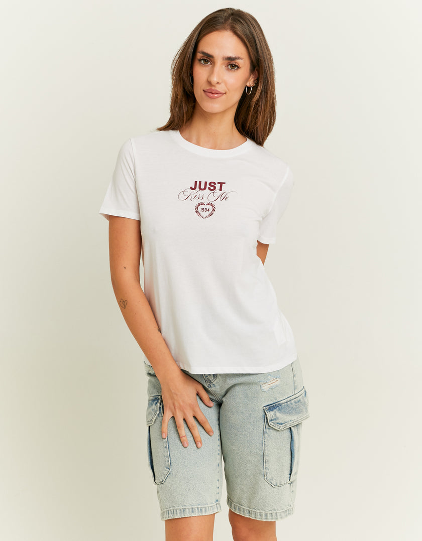 Ladies White Just Kiss Me Printed T-Shirt-Model Front View