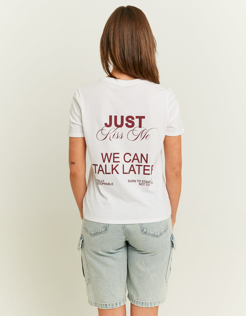 Ladies White Just Kiss Me Printed T-Shirt-Model Back View