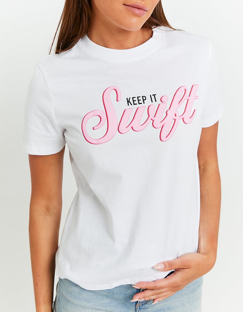 Ladies White Keep It Swift Printed Regular T-Shirt-Closer View of Front