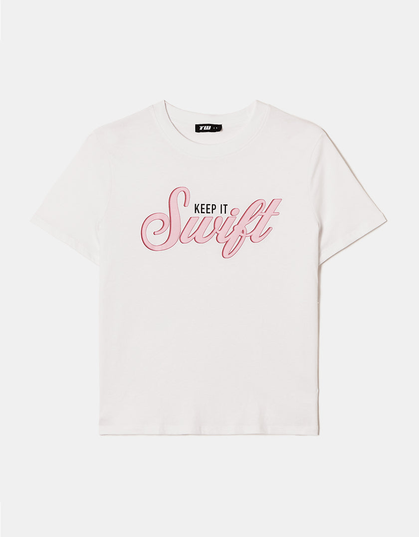 Ladies White Keep It Swift Printed Regular T-Shirt-Front View