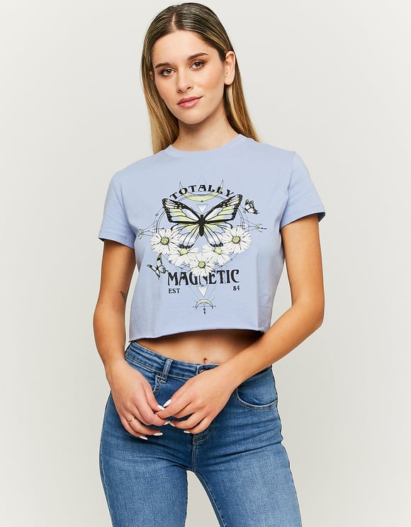 Ladies Cropped Printed Blue T-Shirt-Front View