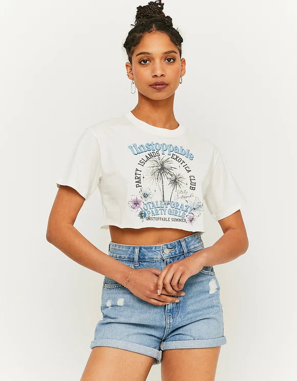 Ladies Printed White Cropped Top-Model Front View