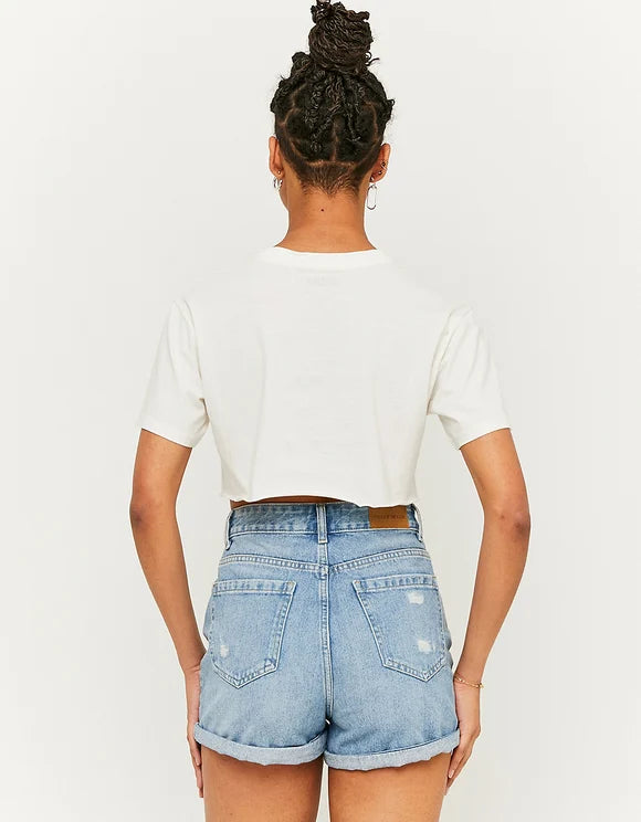 Ladies Printed White Cropped Top-Model Back View