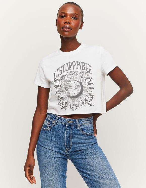 Ladies Cropped White Unstoppable Always Printed Top-Front View