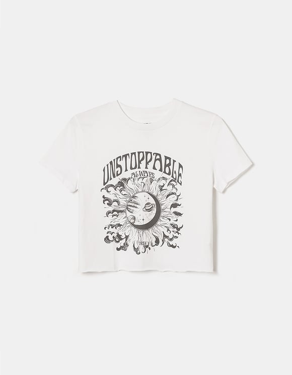 Ladies Cropped White Unstoppable Always Printed Top-Ghost Front View