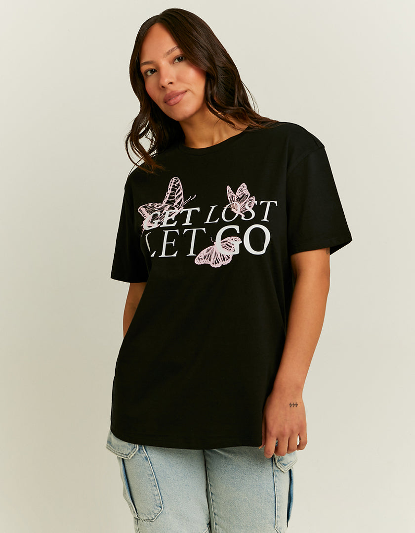 Ladies Oversize Get Lost Let Go Printed T-Shirt-Model Front View