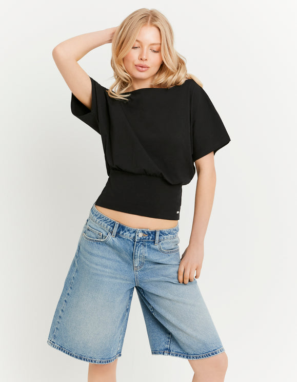 Tally Weijl Black Boat Neck Top, front view on model