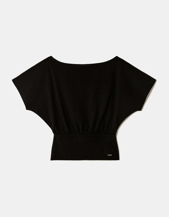 Tally Weijl Black Boat Neck Top, front flat lay view