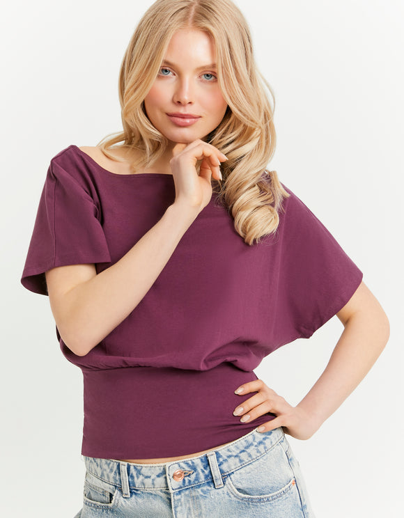 Tally Weijl Purple Boat Neck Top, front view on model