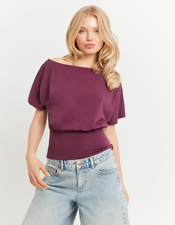 Tally Weijl Purple Boat Neck Top, back view on model