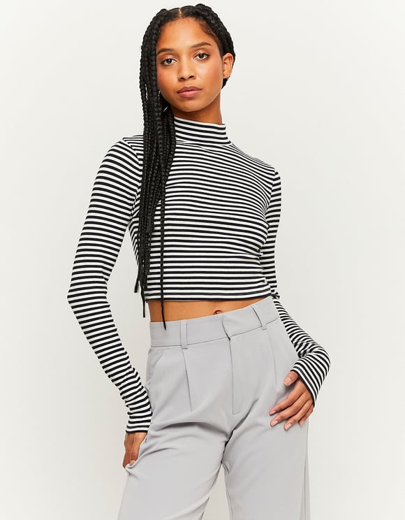 Ladies Striped Black/White Cropped Basic T-Shirt-Model Front View