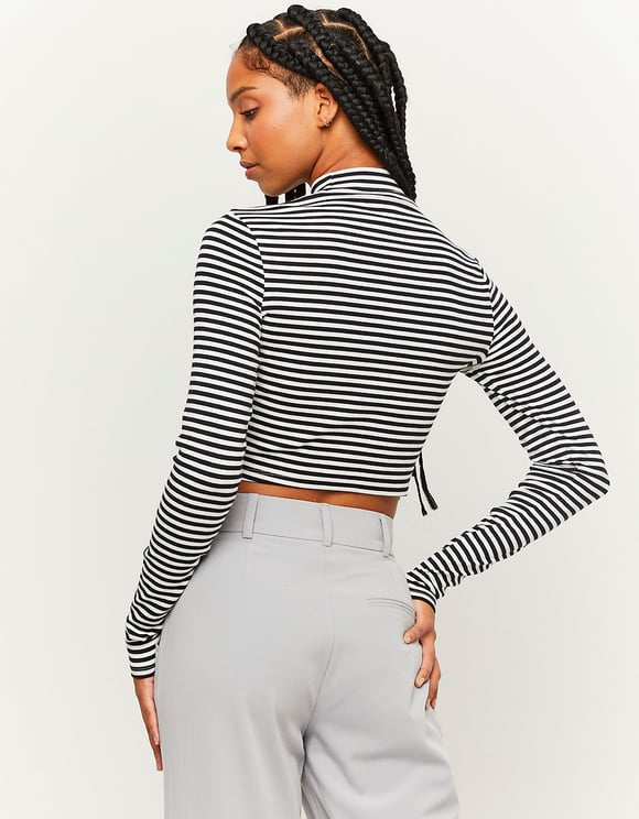 Ladies Striped Black/White Cropped Basic T-Shirt-Model Back View
