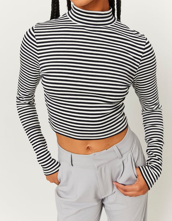 Ladies Striped Black/White Cropped Basic T-Shirt-Close View of Front