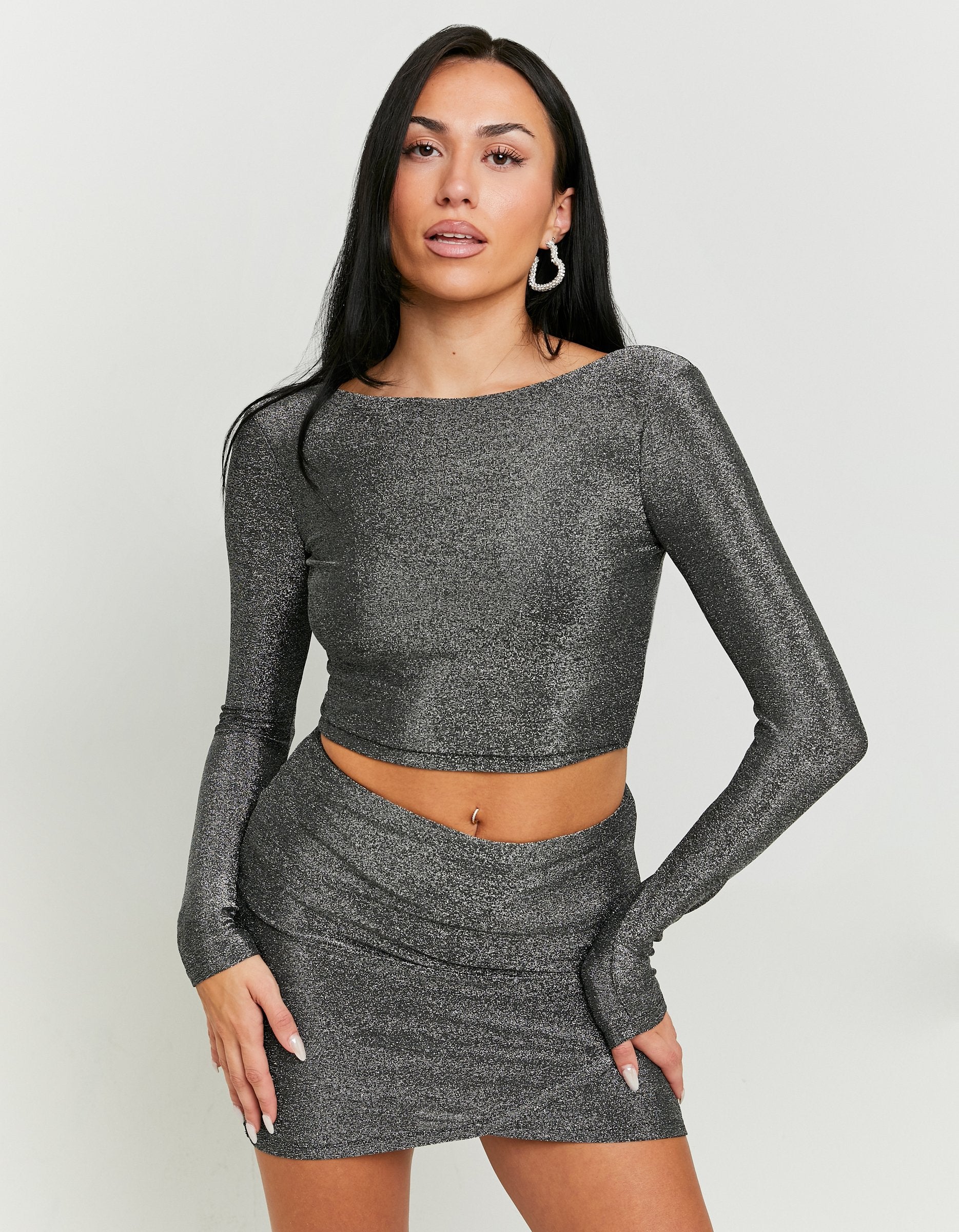 Ladies Silver Low Back Cropped Top In Lurex-Model Front View