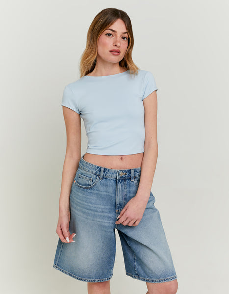 Ladies Blue Blackless Basic Top-Model Front View