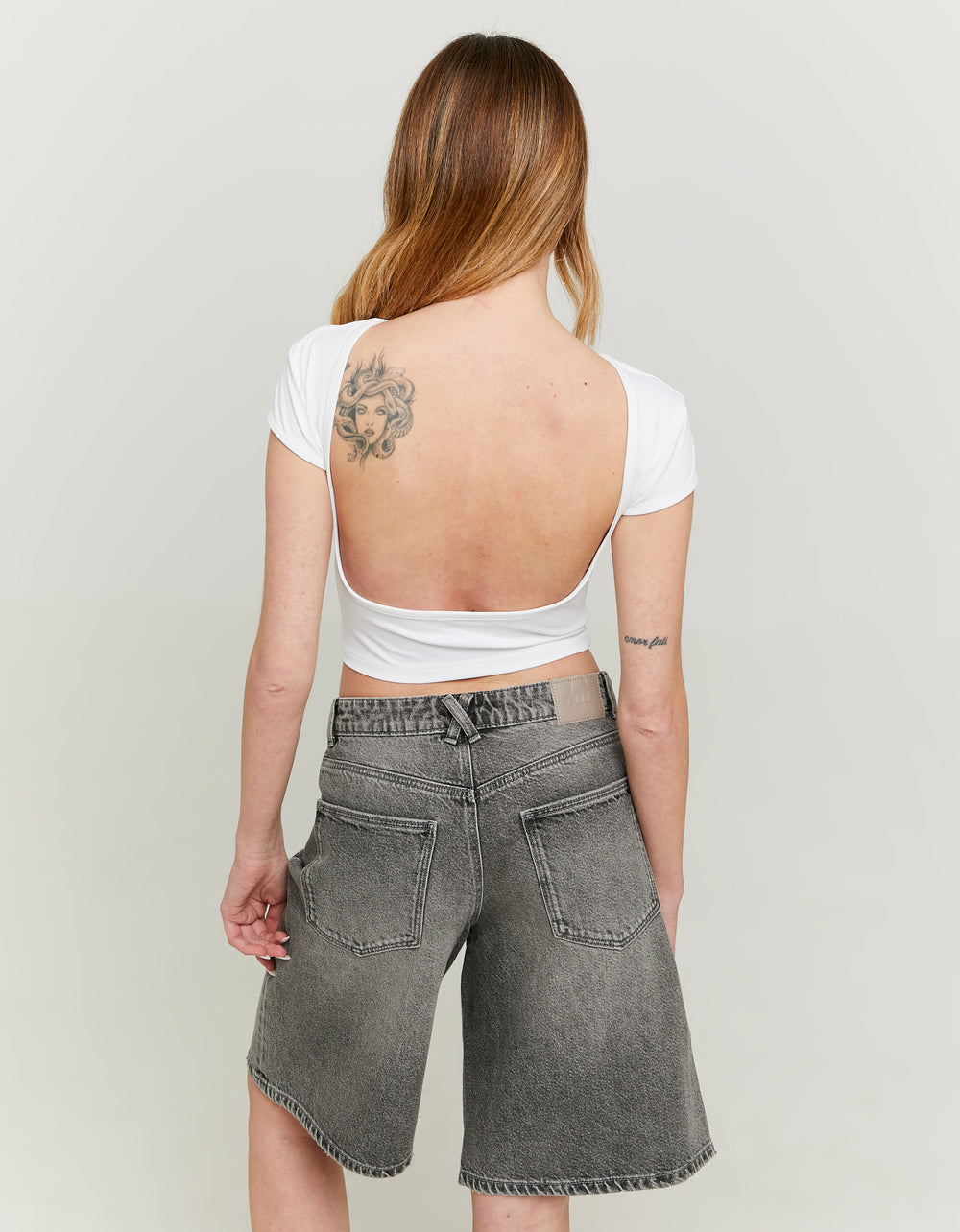 Ladies White Blackless Basic Top-Model Back View