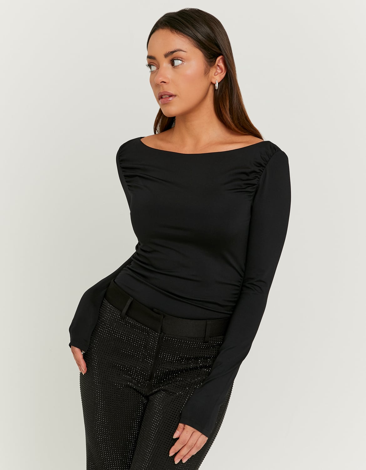 Ladies Black Asymmertic Long Sleeve Top-Model Front View