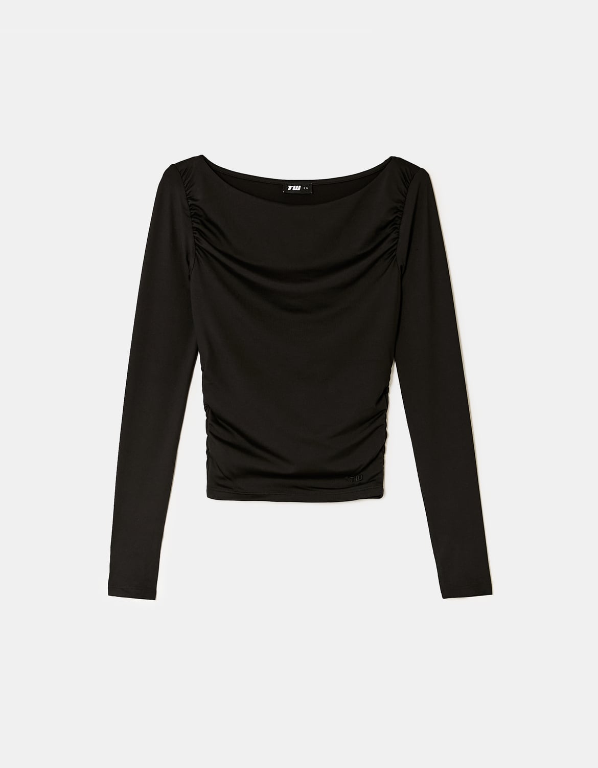 Ladies Black Asymmertic Long Sleeve Top-Ghost Front View