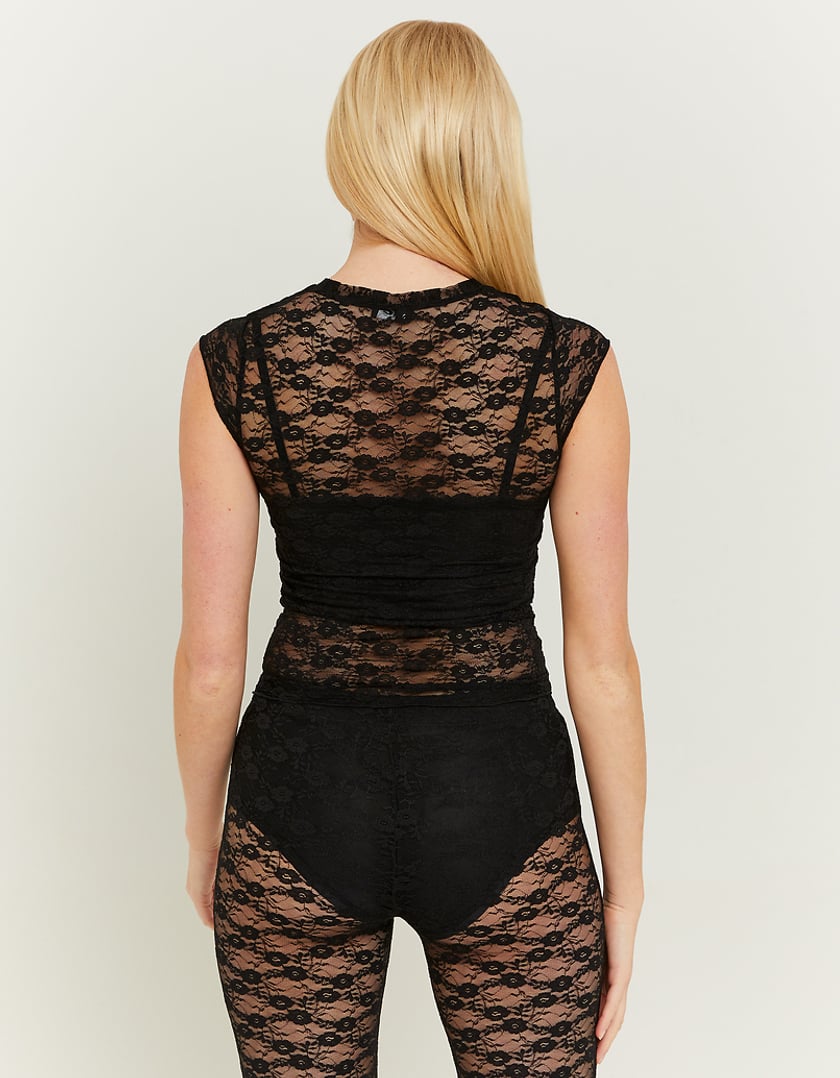Ladies Black Lace Loose Top With Lateral Ruched-Model Back View