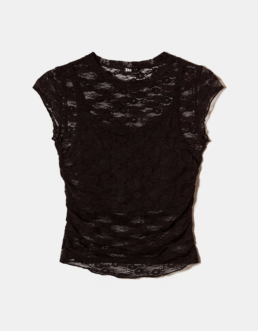 Ladies Black Lace Loose Top With Lateral Ruched-Front View