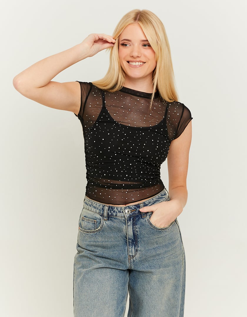 Black Mesh Loose Top With Strass-Model Front View