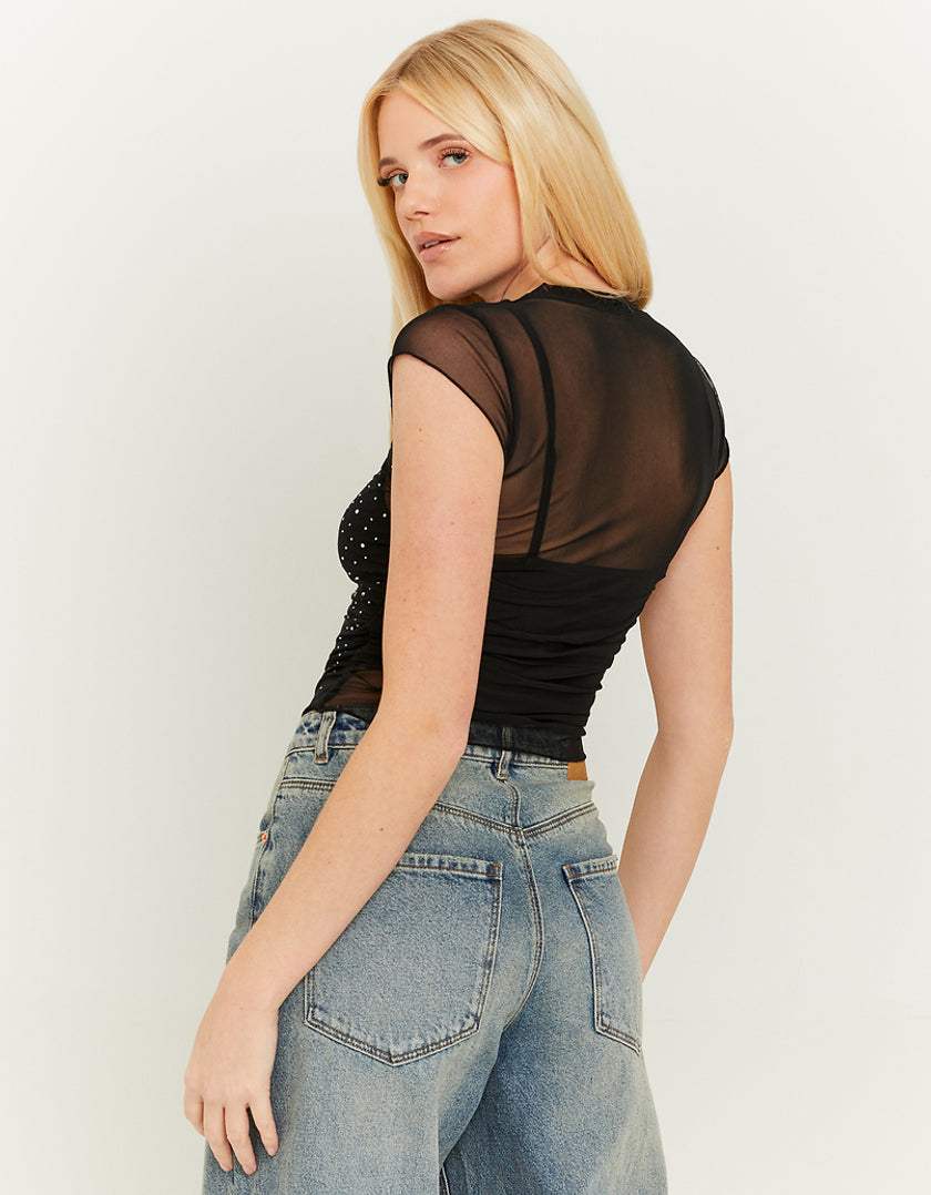 Black Mesh Loose Top With Strass-Back View