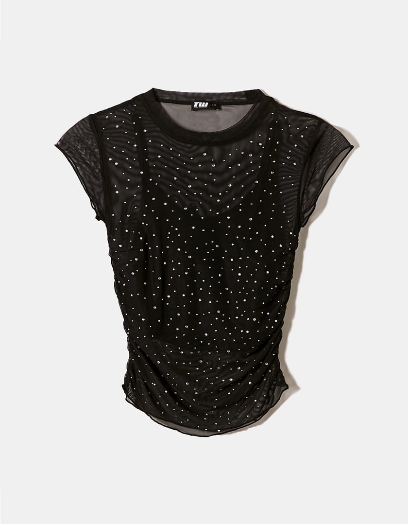 Black Mesh Loose Top With Strass-Front View
