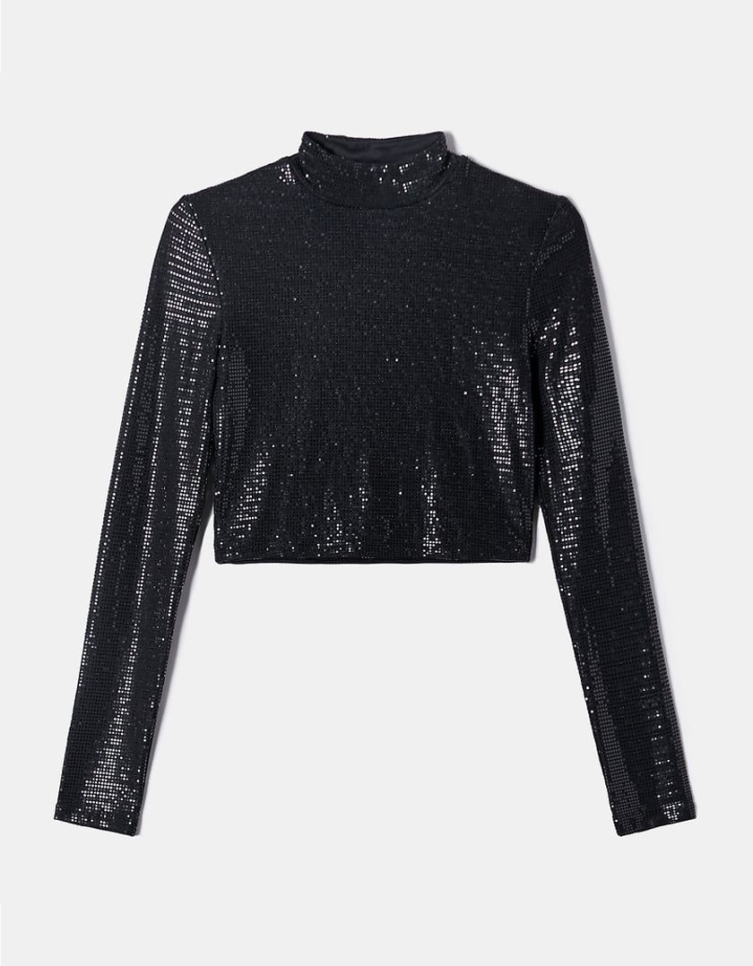 Ladies Black Sequins Cropped Top-Ghost Front View