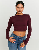 Tally Weijl Basic Burgundy T-Shirt with Long Sleeves Burgundy model front view