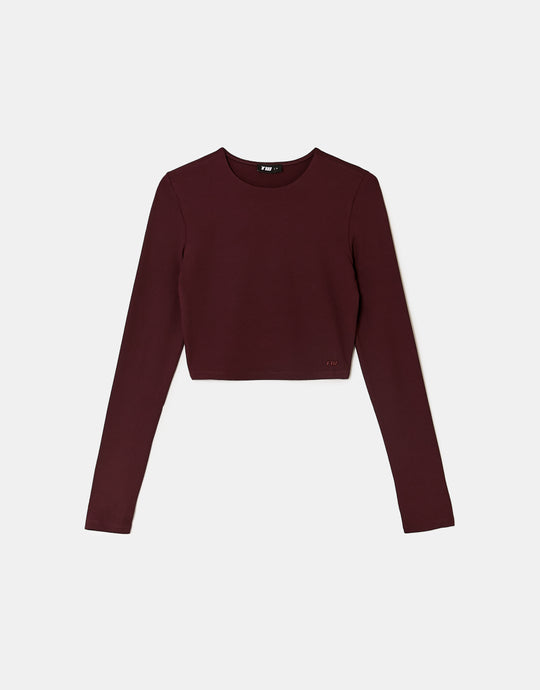 Tally Weijl Basic Burgundy T-Shirt with Long Sleeves Burgundy back view