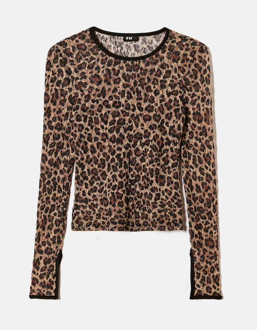 Ladies Mesh Top With Leopard Print-Ghost Front View