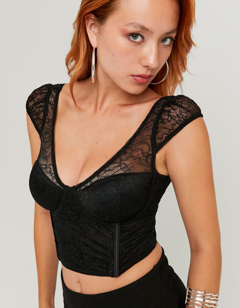 Ladies Black Top With Lace-Closer View of the Front