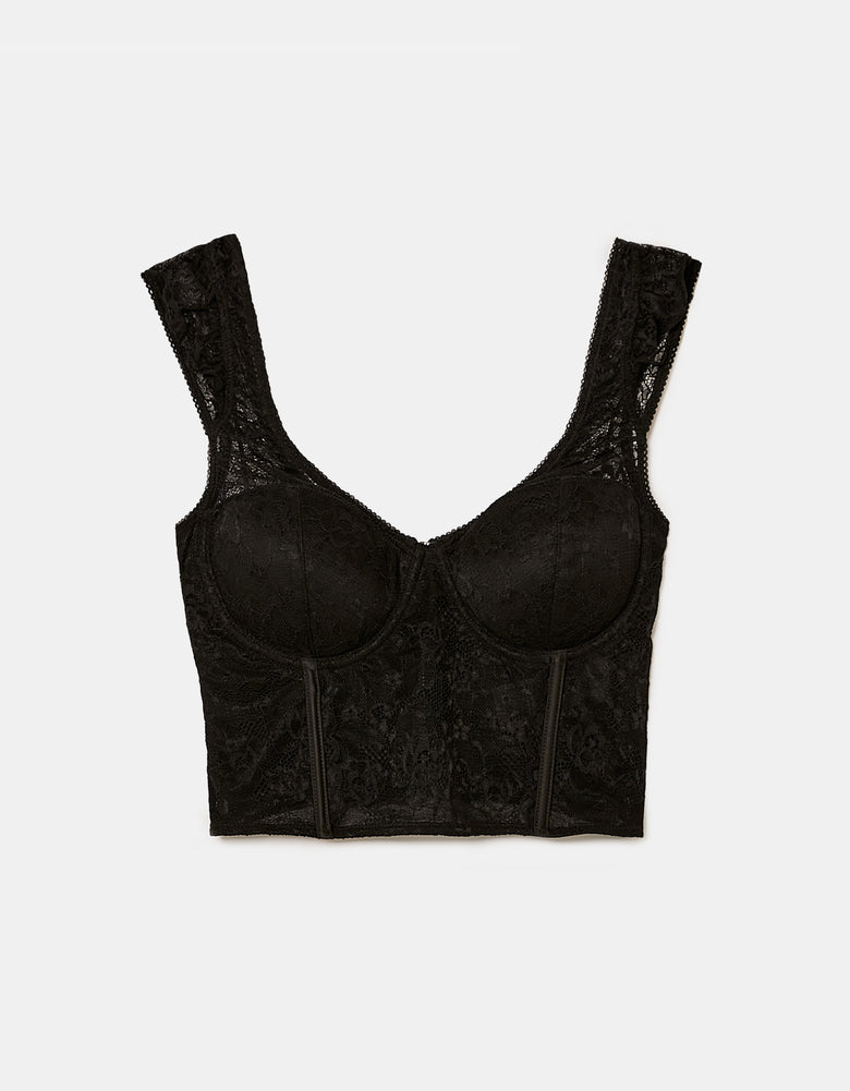 Ladies Black Top With Lace-Ghost Front View