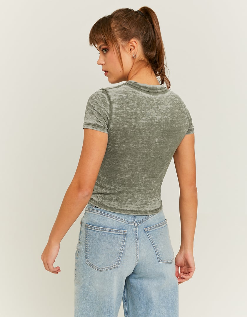 Ladies Acid Wash Printed T-Shirt-Model Back View