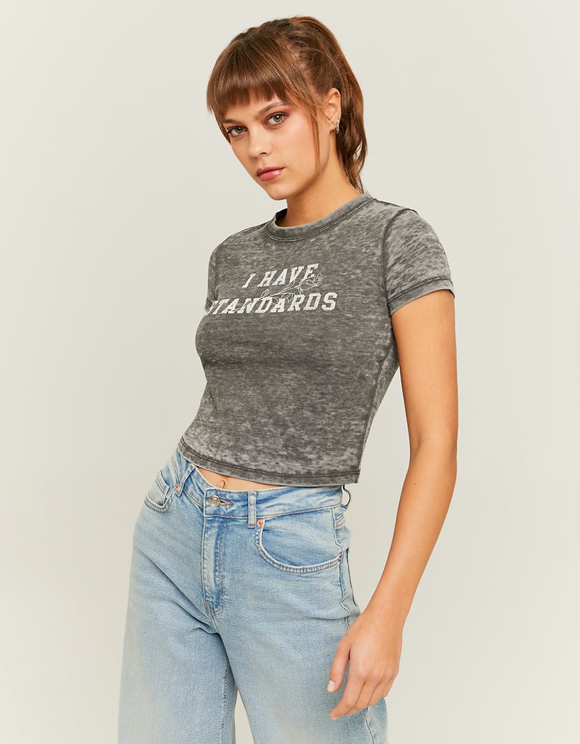 Ladies Acid Wash Grey Printed T-Shirt-Model Front View