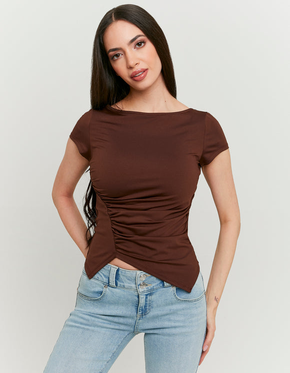 Tally Weijl brown pleated asymmetric top worn by model, front view