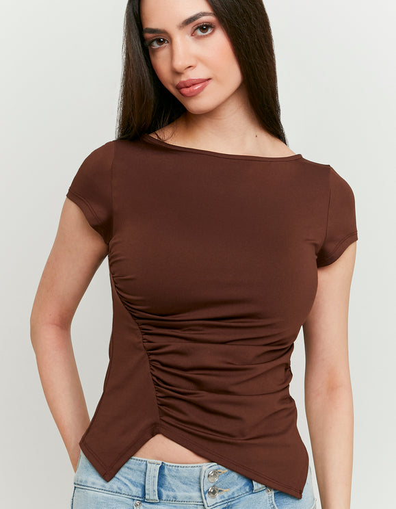 Tally Weijl brown pleated asymmetric top worn by model, close front view