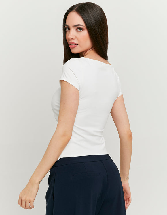 Tally Weijl white pleated asymmetric top worn by model, back view