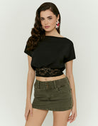 Ladies Black Asymmetric Lace Top-Model Front View