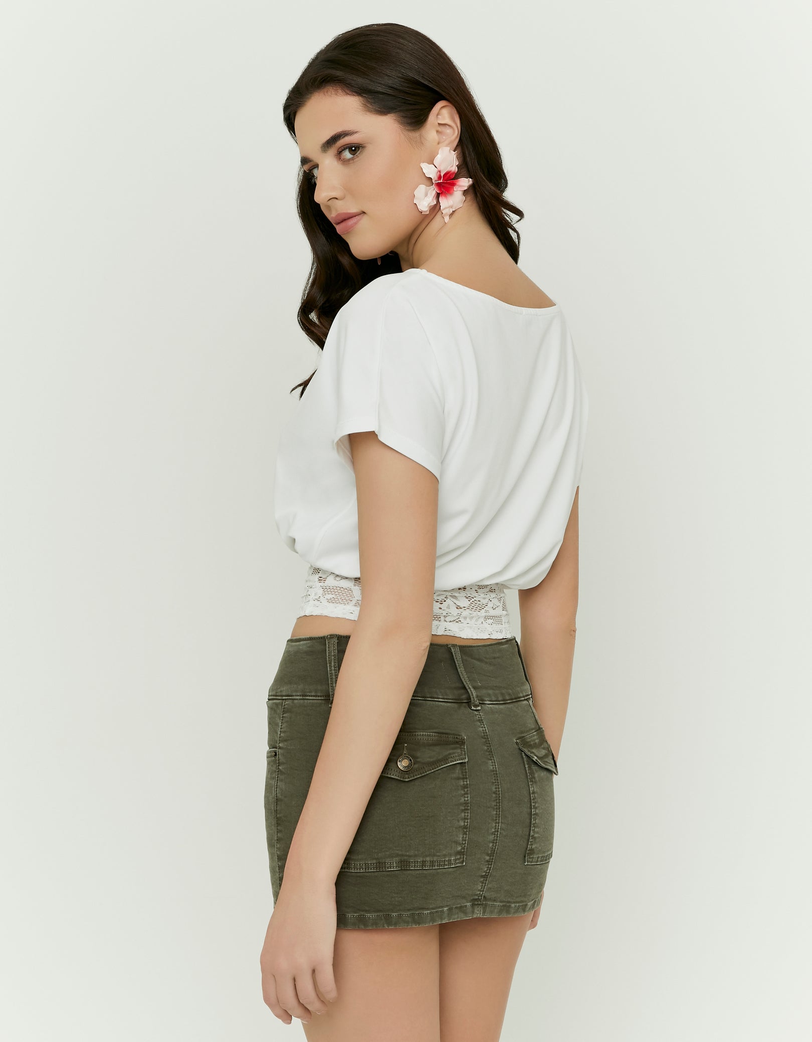 Ladies White Asymmetric Lace Top-Model Back View