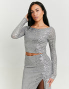 Tally Weijl Silver Sequined Cropped Top GREY front view