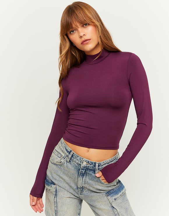 Ladies Purple Long Sleeve Basic Top-Model Front View