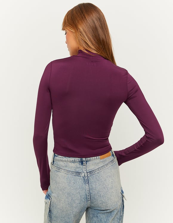 Ladies Purple Long Sleeve Basic Top-Model Back View
