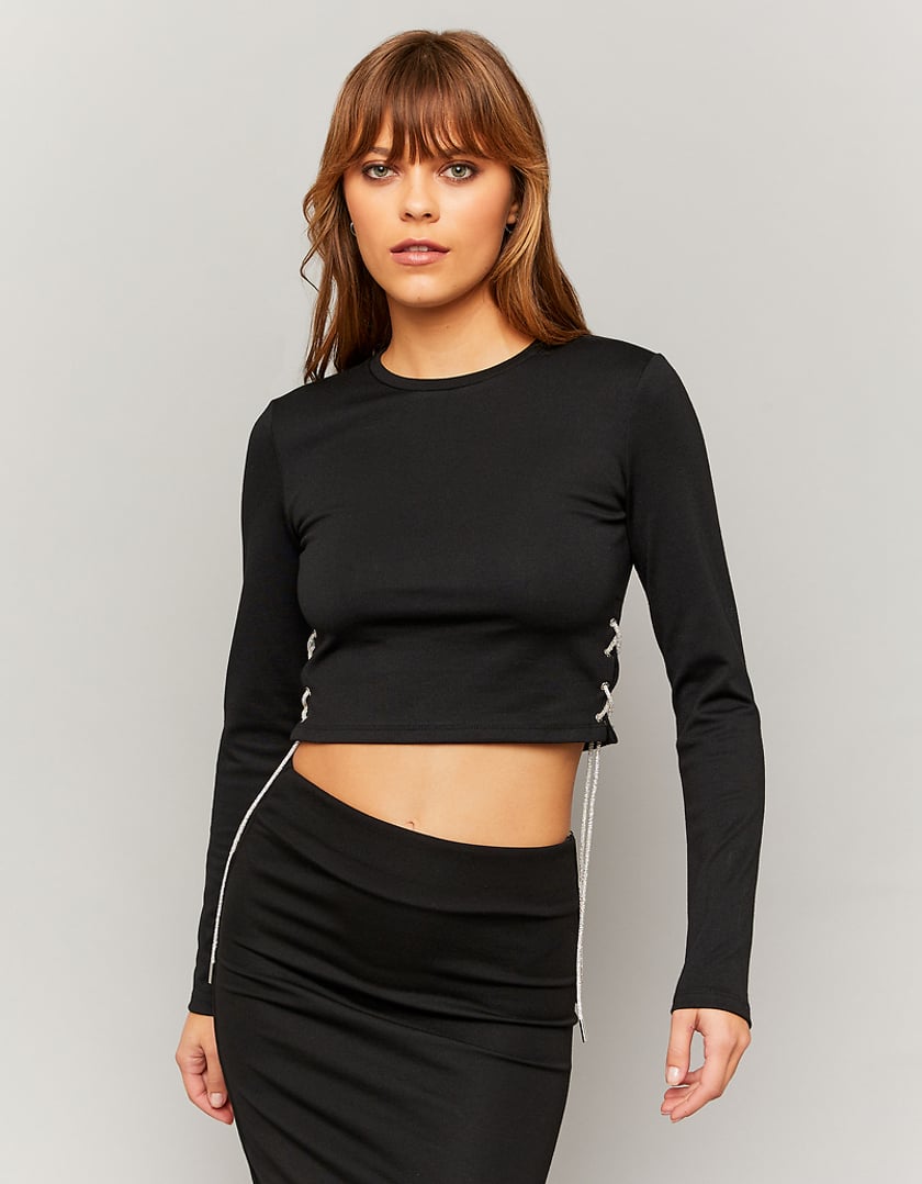 Ladies Black Cropped Top with Strass Cord Lace Up-Model Front View