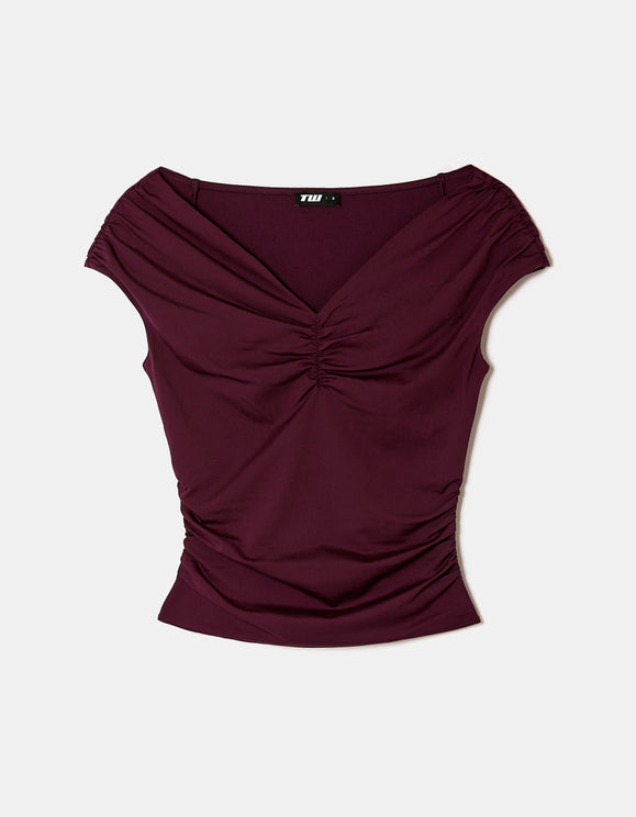 Tally Weijl Purple Ruched Top Burgundy, front flat lay view