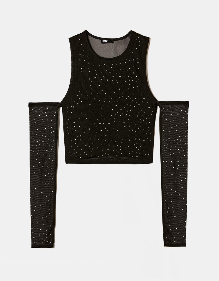 Black Top With Strass & Cut Outs-Front view