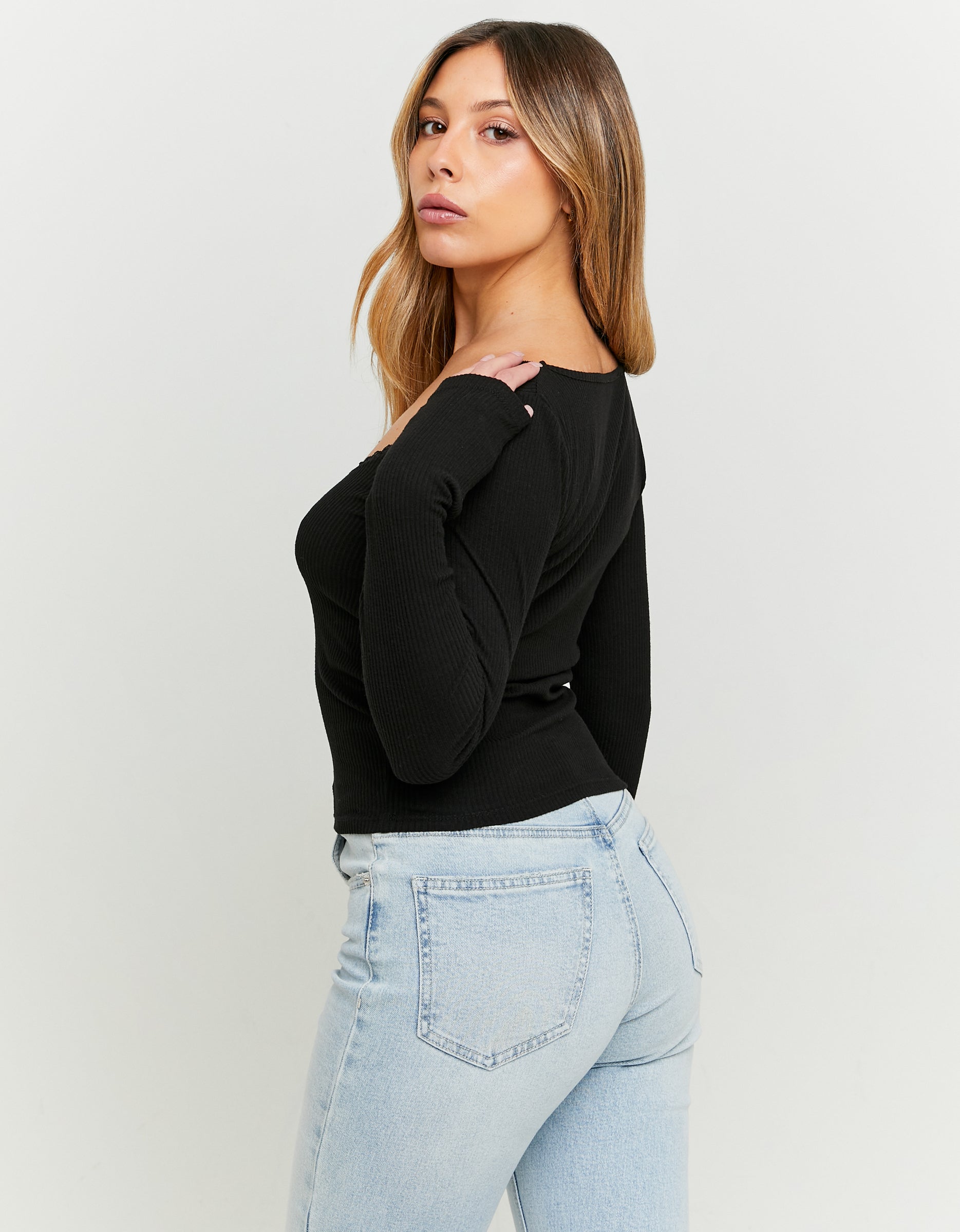 Ladies Black Basic Ribbed Long Sleeve T-Shirt-Side/Back View