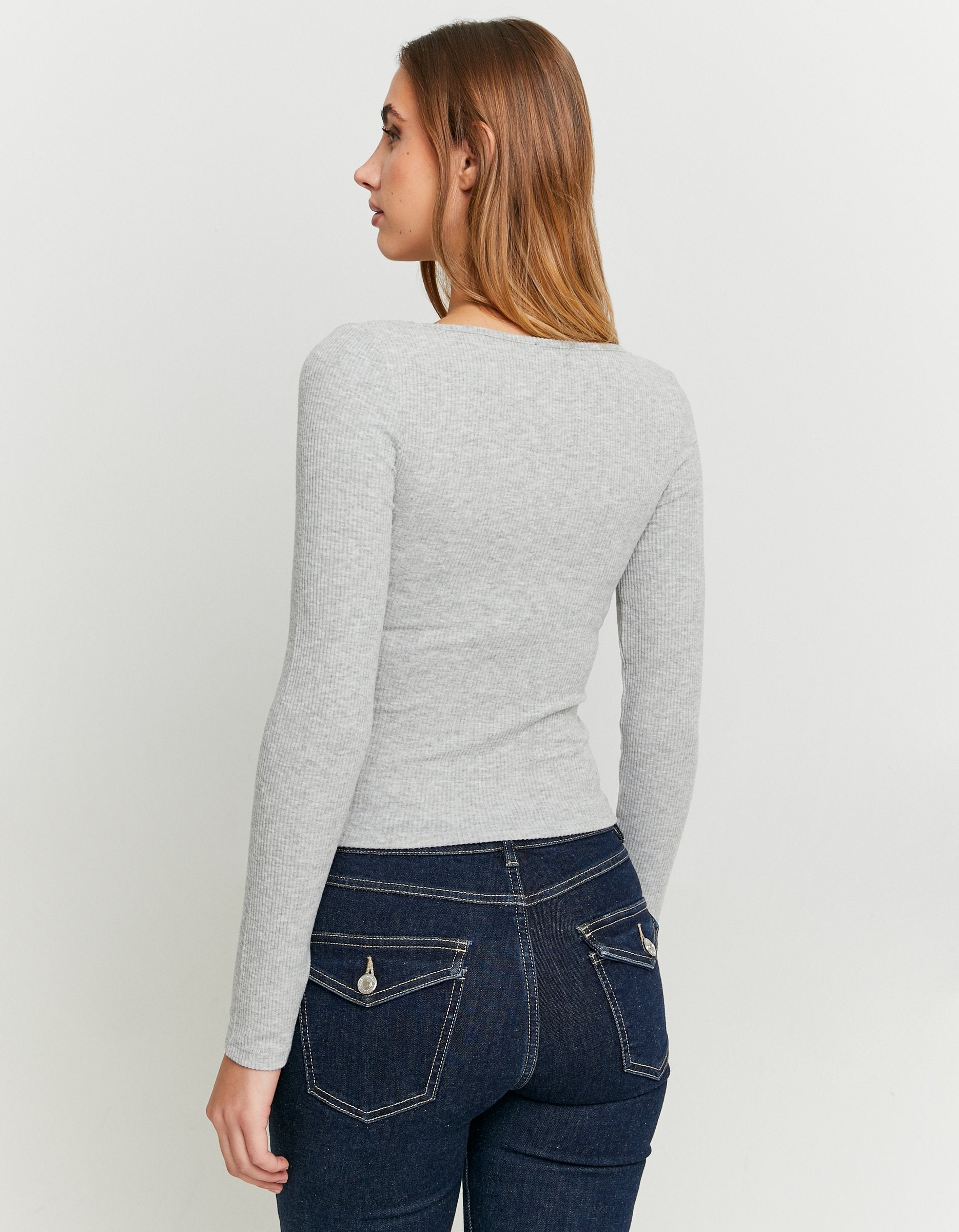 Ladies Grey Basic Ribbed Long Sleeve T-Shirt-Model Back View