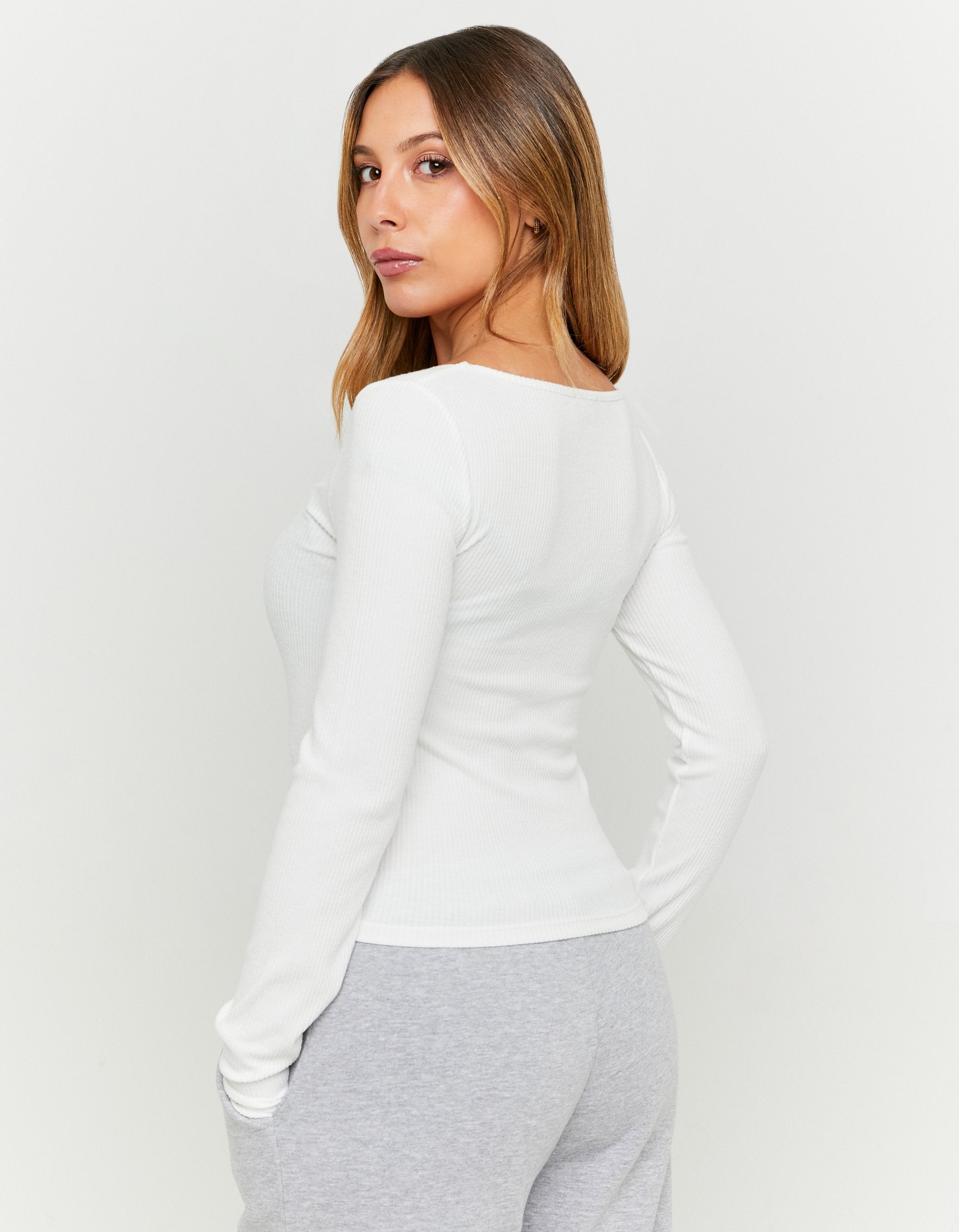 Ladies White Basic Ribbed Long Sleeve T-Shirt-Model Back View