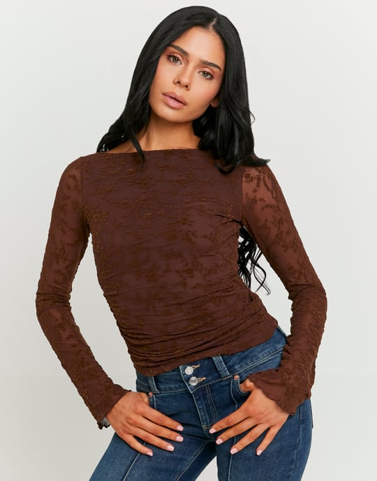 Tally Weijl brown floral top with long sheer sleeves, worn by model front view